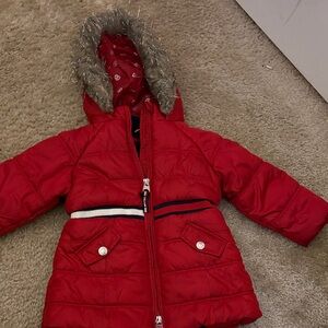 Red Hooded Puffer Jacket with Faux Fur Trim